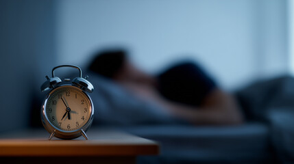 Alarm clock on bedside table with sleeping man blurred in background, wake up time, morning routine, insomnia, bedtime, healthy sleep, bedroom, rest, home lifestyle, early awakening concept