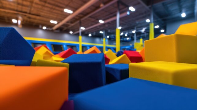 A vibrant pile of colorful foam blocks in an indoor trampoline park setting