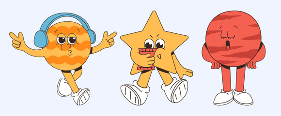 Retro Cartoon Characters Set: Groovy Star, Planet and Circle