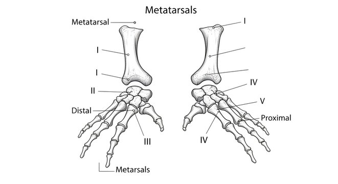 High detailed metatarsals illustration showing dorsal views of right and left frog feet with numbered metatarsals I&ndash;V, proximal and distal orientation and articulated tarsals and phalanges for foot o