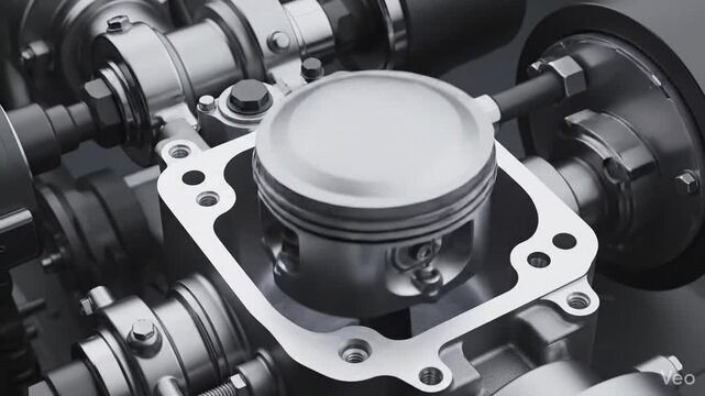 Close-up view of a detailed internal combustion engine piston and cylinder assembly, showcasing mechanical engineering and precision.