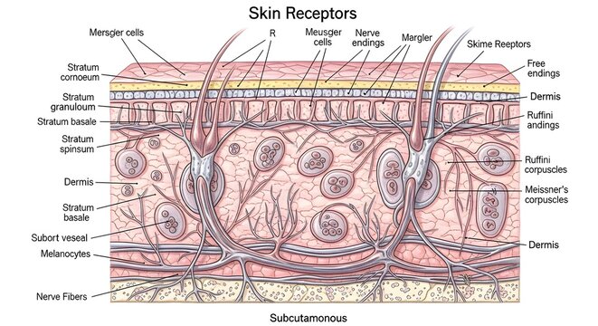 High detailed skin receptors anatomy illustration showing layers of epidermis, dermis and subcutaneous tissue with hair follicles, nerve endings, Merkel cells, Meissner and Pacinian corpuscles for sen