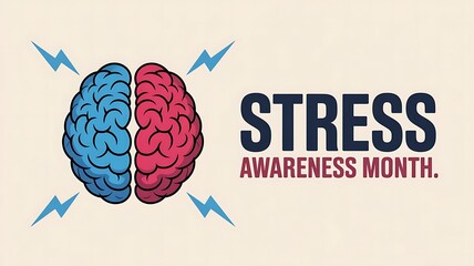 Minimalist stress awareness month advertisement featuring hand drawn style brain icon with energetic sparks and clean typography to promote emotional wellness and psychiatric care