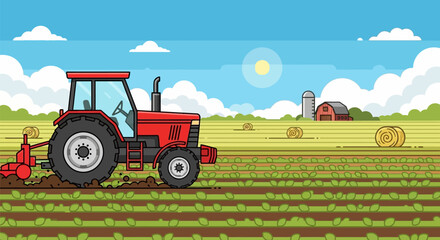 Obraz premium Red Tractor in Agricultural Field Setting.