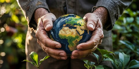 Elderly hands carefully holding planet Earth with green continents, symbolizing global responsibility, environmental stewardship, and conservation efforts for future generations