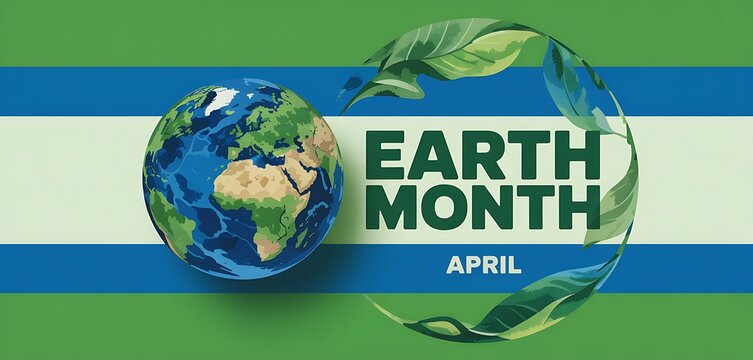 Earth month april celebration poster with earth globe and green leaf circle motif on abstract wavy background representing planet and nature conservation concept visually