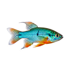Fototapeta premium Vibrant Electric Blue Ram Cichlid Fish Swimming in Clear Water.