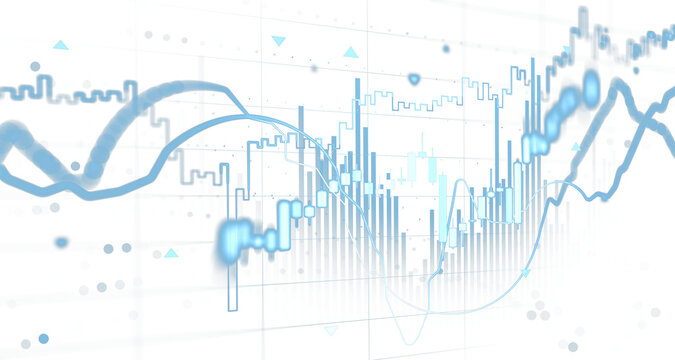 Abstract financial chart with blue lines and bars displayed in soft digital style on white background, concept of market analytics and economic data trends