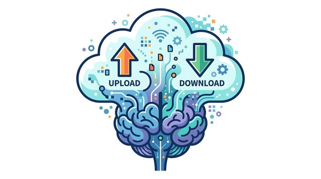 Human Brain Cloud Computing Sync and Data Flow Concept Isolated on White Background.