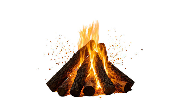 Isolated rustic campfire with burning logs and flying sparks, orange flames creating heat