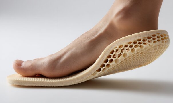 Close-up of a human foot resting on a 3D printed orthopedic insole with honeycomb structure