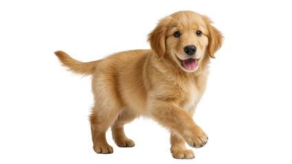 Isolated cute golden retriever puppy walking playfully with paw lifted, happy and energetic © Fried