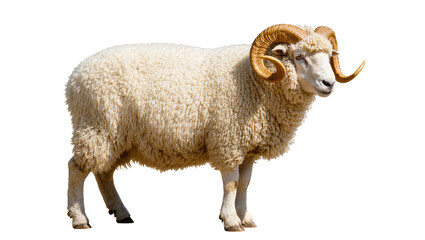 Isolated majestic adult ram featuring large impressive curly horns and thick woolly fleece. © Fried
