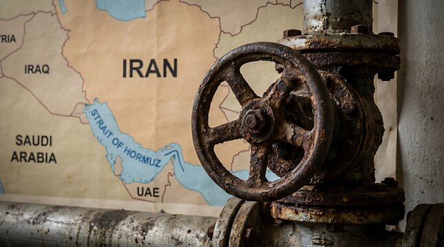 Rusty oil pipeline valve foreground with map of iran and strait of hormuz in background symbolizing energy crisis and geopolitical issues
