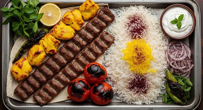 Delicious Persian Koobideh and Joojeh Kabab Platter with Saffron Rice.