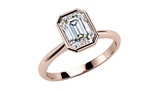 Isolated elegant rose gold engagement ring featuring a striking emerald cut diamond in bezel setting