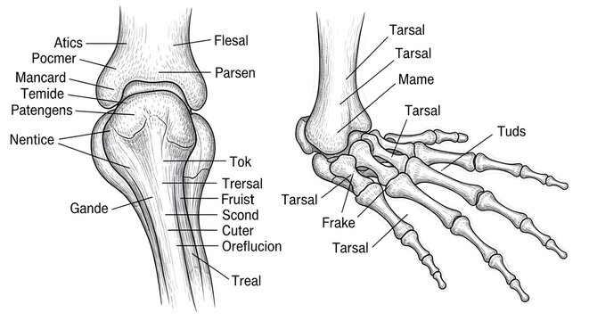 High detailed anatomical tarsals and ankle joint illustration showing lateral knee&ndash;ankle complex with labeled bones and articulated foot skeleton with multiple tarsals and phalanges for lower limb ost