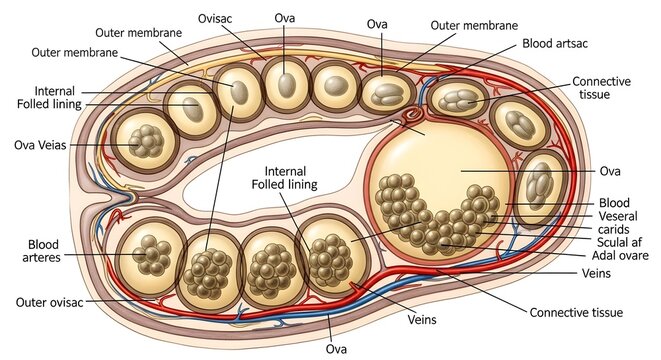 High detailed cross‑section of ovary with developing ova illustration showing outer membrane, blood vessels, connective tissue, internal fluid‑filled linings and stages of oocyte maturation for reprod