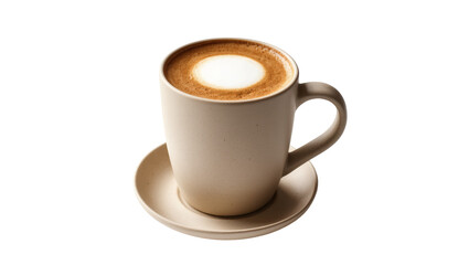 Obraz premium Isolated ceramic coffee mug with frothy cappuccino on a saucer, perfect for breakfast