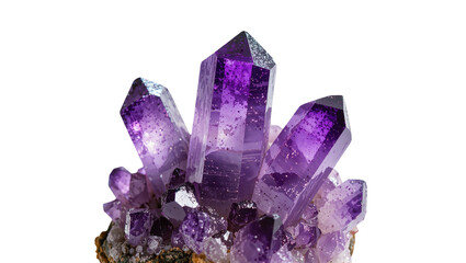 Isolated beautiful vibrant purple amethyst crystal cluster showcasing sparkling facets