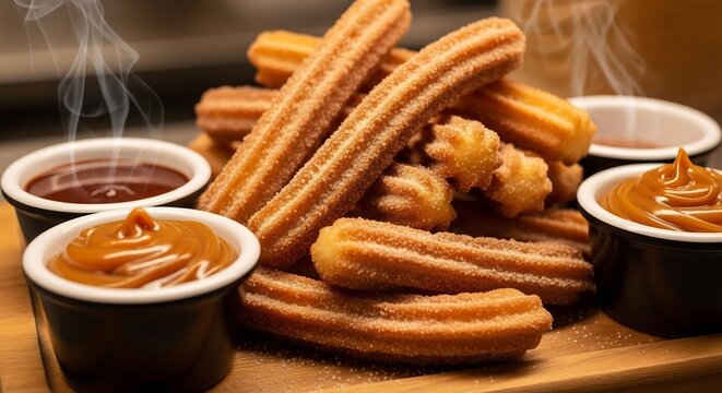 Delicious Churros with Chocolate and Caramel Dipping Sauces.