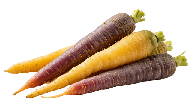 Isolated fresh vibrant colorful carrots, yellow and purple, healthy organic root vegetables