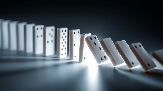 first domino falling in a row to start chain reaction, domino effect concept of causality and impact, strategic sequence of falling white dominoes with dramatic lighting
