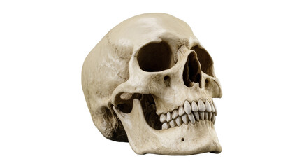 Obraz premium Isolated human skull anatomical model displaying intricate skeletal structure and teeth.