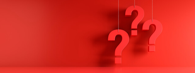 Three hanging white question marks in front of a red wall with copy space - 3D illustration