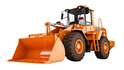 Isolated orange front-end loader, heavy construction equipment, industrial earthmover machine © Fried