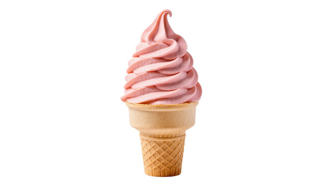 Isolated delicious creamy pink soft serve ice cream cone, refreshing sweet summer dessert
