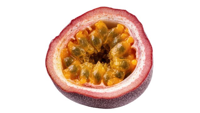 Isolated half of a fresh, ripe passion fruit showing juicy pulp and seeds, ready to eat