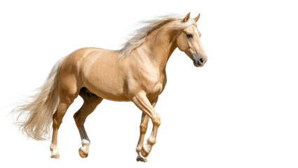 Isolated palomino horse with flowing mane and tail walking gracefully on a studio setup © Femke