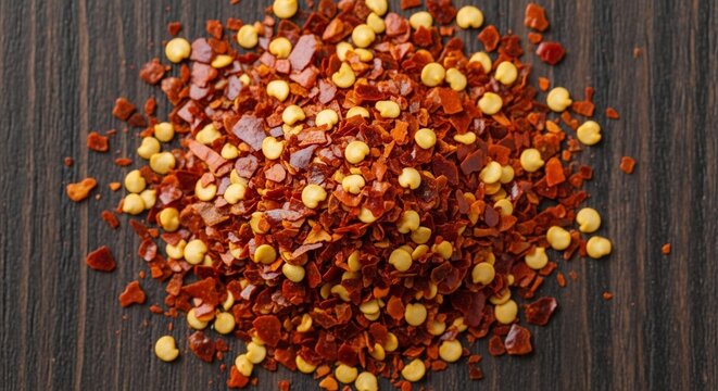 Closeup overhead view of a pile of dried red chili pepper flakes scattered on a dark wooden surface.