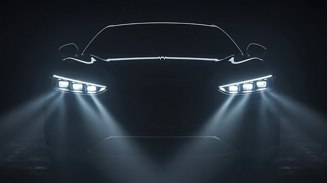 Futuristic car silhouette with bright led headlights in dark studio background modern automotive concept