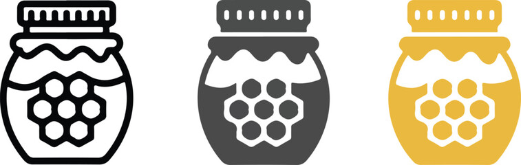 Minimalist honey jar vector icons set with honeycomb design and paper lid in outline solid and yellow styles. © MST