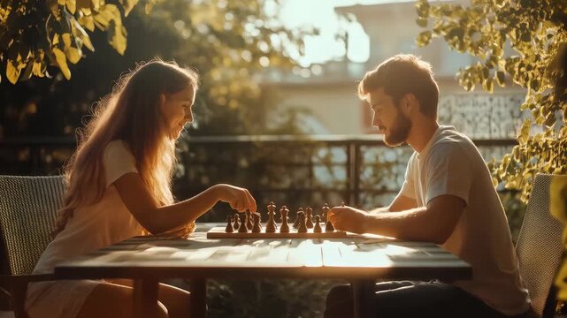 Young couple enjoying a peaceful evening playing chess in their garden at sunset, highlighting strategic thinking and romantic moments filled with leisure and connection