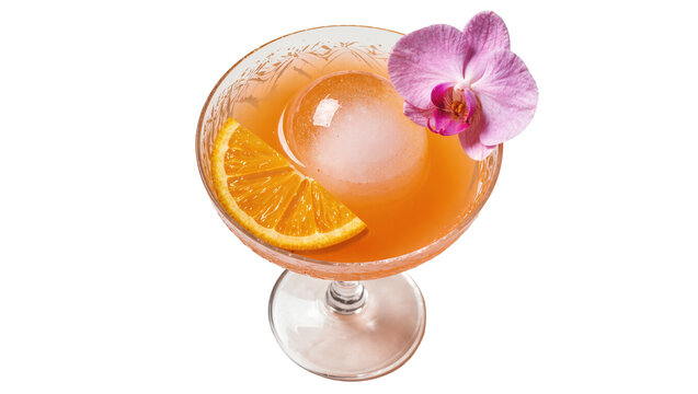 Isolated refreshing tropical cocktail with orange slice and delicate orchid flower in coupe glass
