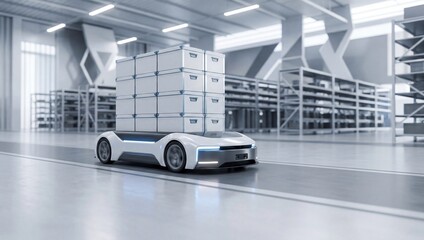 자동화된 창고에서 물류 상자를 운반하는 미래형 자율 이동 로봇.