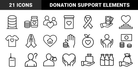 Fototapeta premium Charity and donation line icon set. Vector pictograms of hearts, hands, money, food, ribbon, clothing, and community, thin outline illustration.