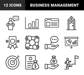 Fototapeta premium Business and finance line icon set. Vector pictograms of charts, presentation, office, folder, teamwork, awards, target, and career growth, thin outline illustration.