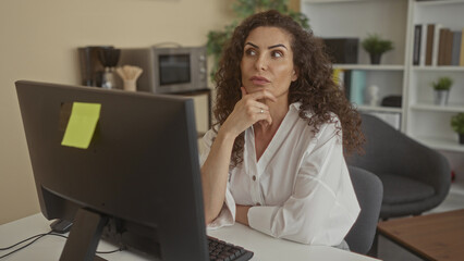 Obraz premium Woman points finger at computer monitor and keyboard while seated at white desk in office workspace; contemplation.