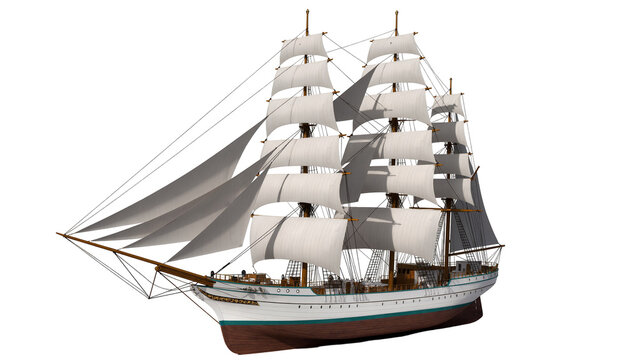 Isolated majestic tall ship, a grand historical sailing vessel with full white sails.