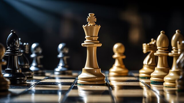 Strategic chess game with king piece leading on board and leadership competition concept in dramatic lighting