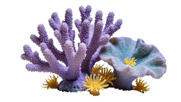 Isolated vibrant marine life arrangement with purple branching coral and blue ruffle coral and anemones