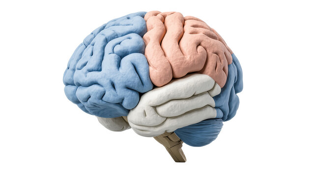 Isolated human brain anatomical model showcasing different lobes in distinct colors, side view.