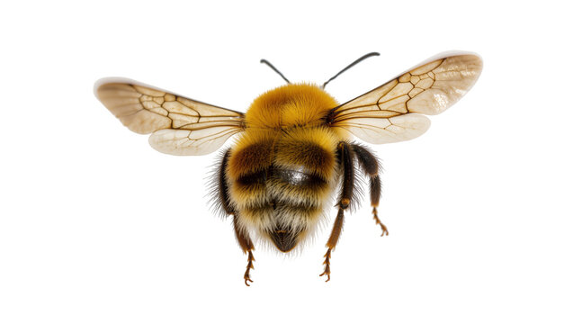 Isolated bumblebee in flight, fuzzy yellow and black striped insect with translucent wings