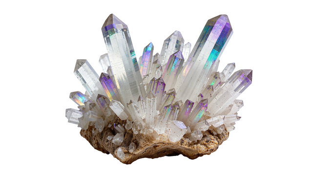 Isolated cluster of beautiful iridescent aura quartz crystals on a rock formation