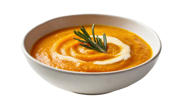 Isolated delicious vibrant creamy autumn pumpkin butternut squash soup with fresh rosemary