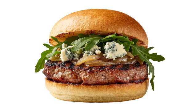 Isolated delicious gourmet beef burger with blue cheese, caramelized onions, and fresh arugula.